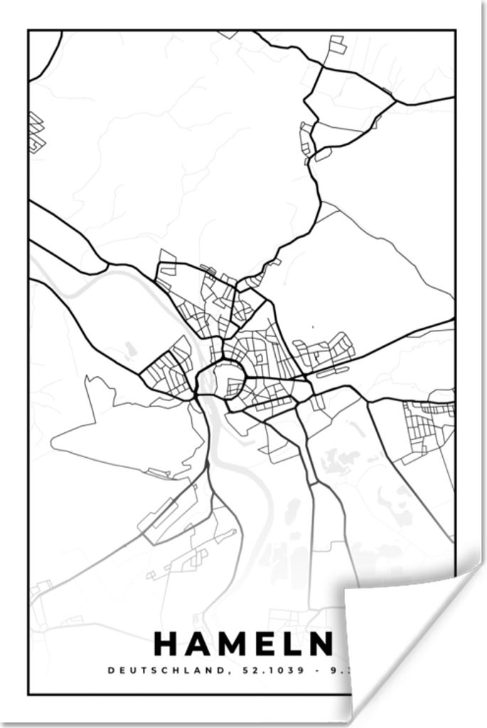 MuchoWow Poster Hameln - Karte - Stadtplan 120x180 cm - Kunstposter