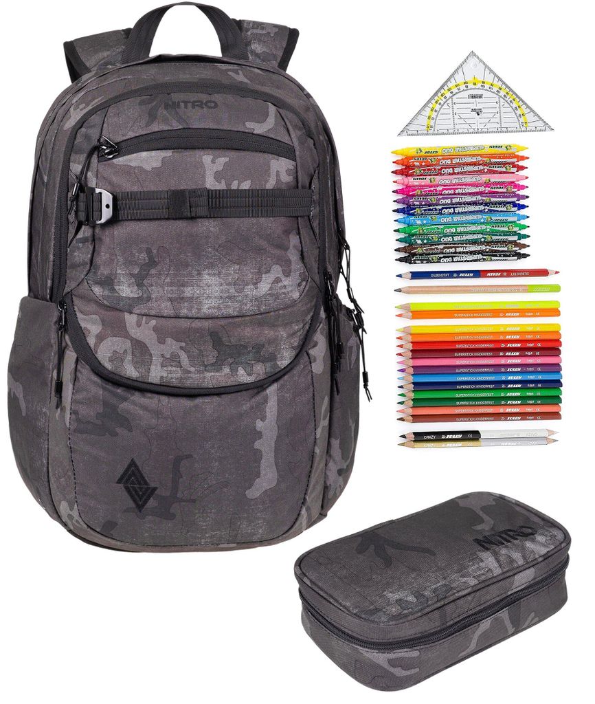Schulrucksack Jungen 3 Teile Set Nitro Future Hero Schultasche inkl. Mäppchen Box XL und Mäppchen Füllung grau schwarz camouflage Forged Camo +rmv