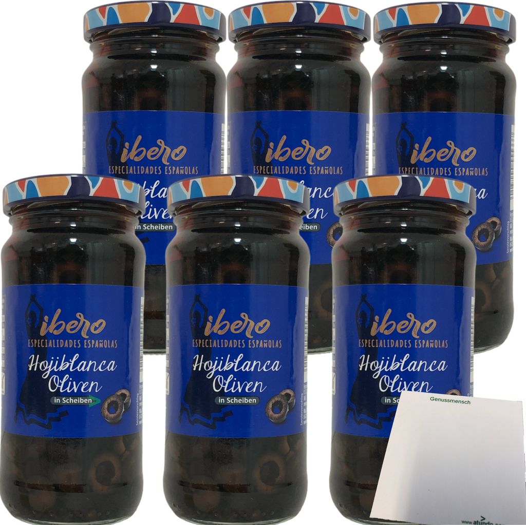 Ibero schwarze Hojiblanca Oliven in Scheiben 6er Pack (6x230g Glas) + usy Block