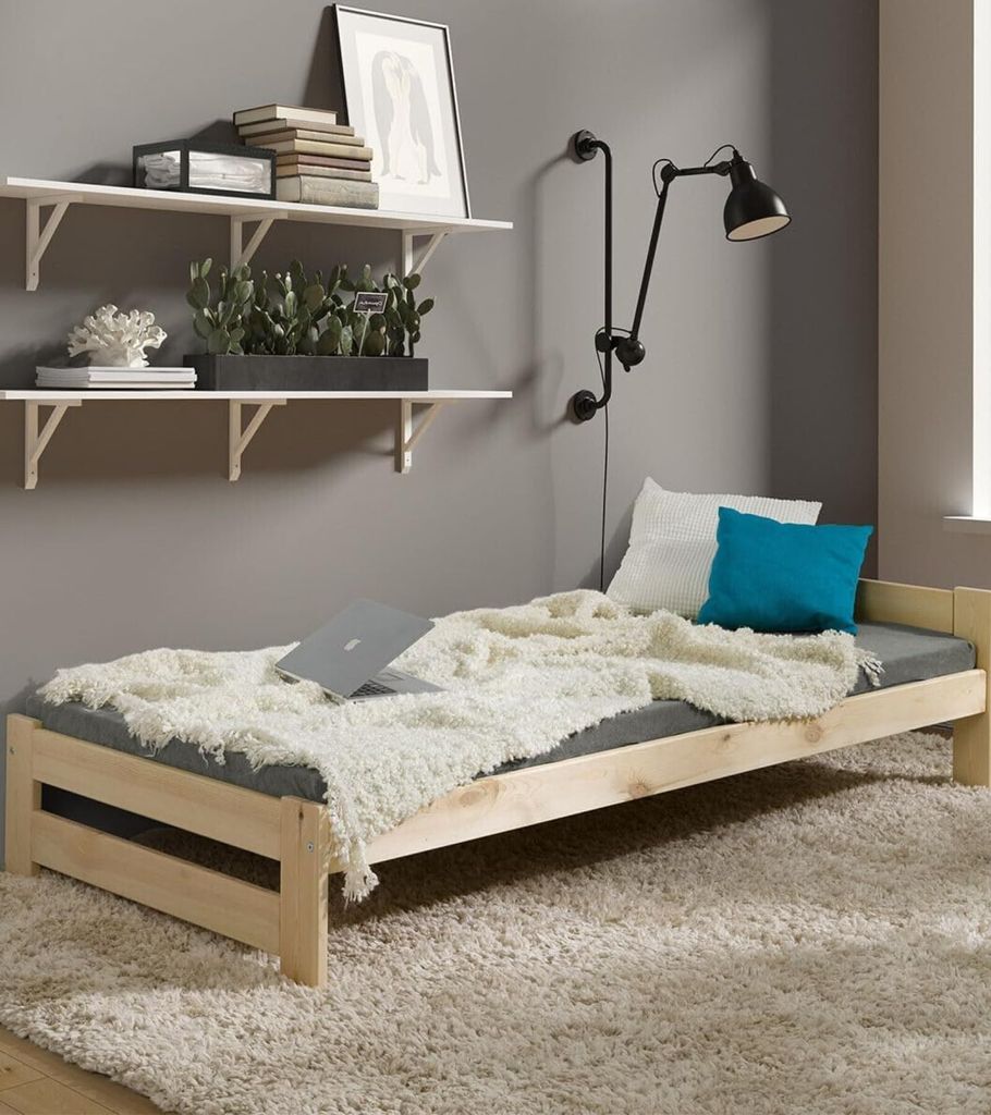 Bettgestell Reko - Massivholz - Holzbett – mit Lattenrost / Rollrost - Bettrahmen - Einzelbett - Hotelbett - Naturfarbe - 90x200cm