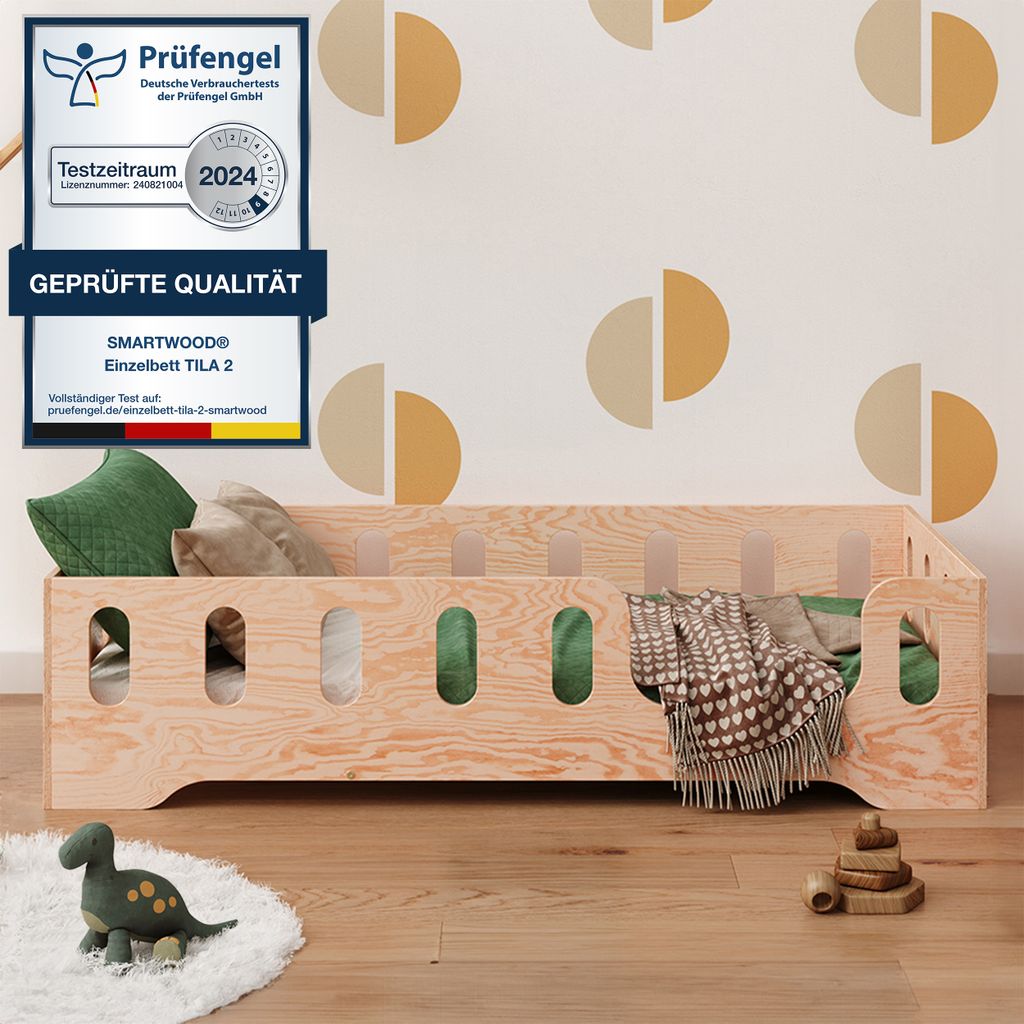 Smartwood Kinderbett 70x140 Holz Montessori Bodenbett mit Rausfallschutz und Lattenrost - Niedriges Bett für Jungen und Mädchen TILA 2P - Natur...