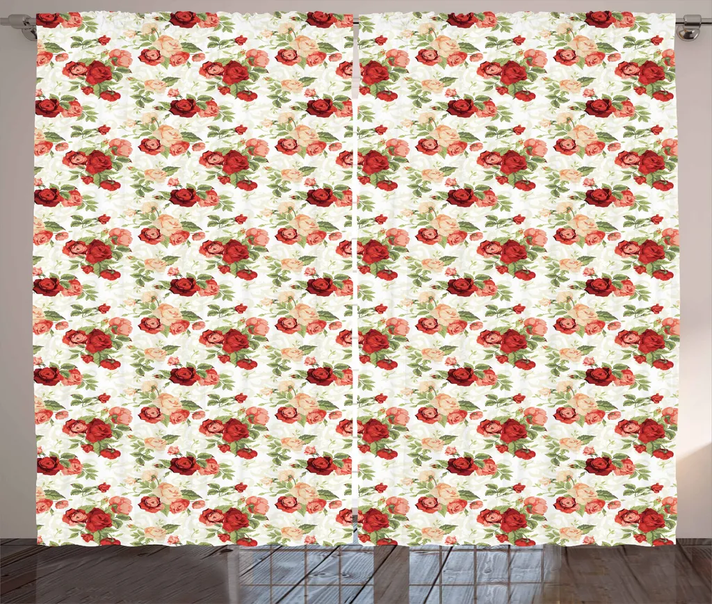 ABAKUHAUS Tenda rustica con rose, romantica composizione vintage, tenda con passanti e ganci per camera da letto, 280 x 175 cm, multicolore