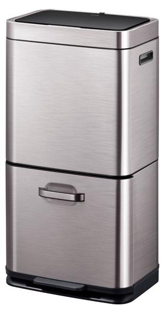 A stainless steel recycling bin with a black lid and a pull-out drawer.