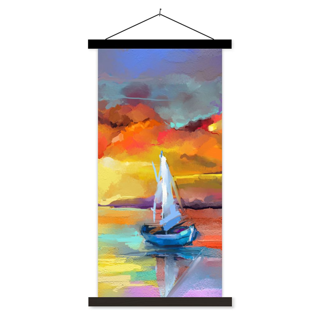 MuchoWow Textilposter Malerei - Ölfarbe - Boot - Farben 40x80 cm mit schwarzem Rahmen - Wandemalerei