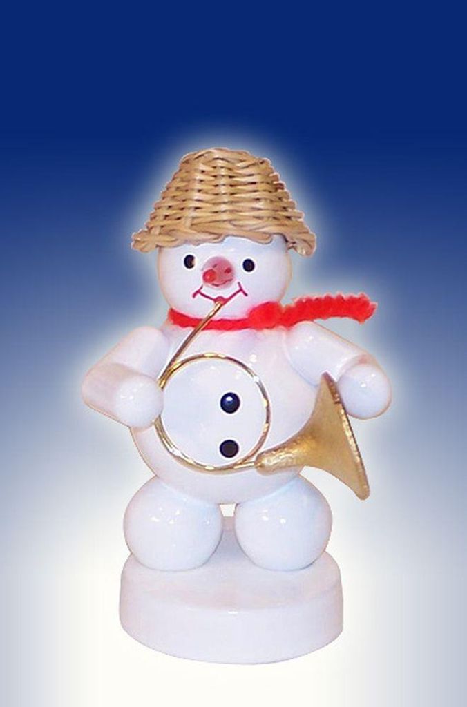 Schneemann Musikant mit Waldhorn (8cm) von Zenker Volkskunst