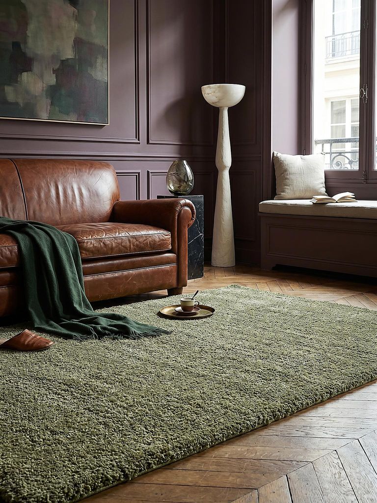 Wohnzimmerteppich Hochflor LYNE einfarbig Polypropylen 80x150 cm Grün kuschelig modern flauschig Objektteppich formstabil | Kadima Design