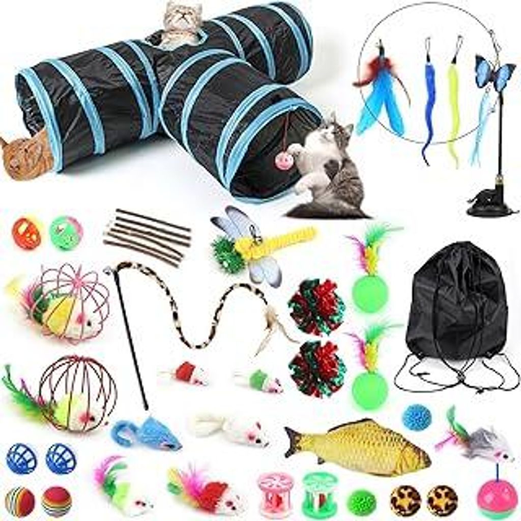 Interaktives Katzenspielzeug Set Faltbarer Katzentunnel Angel Spielzeug 3 Wege Spieltunnel für Katze Kaninchen 39 STK katzenangel Saugnapf Katzen ...