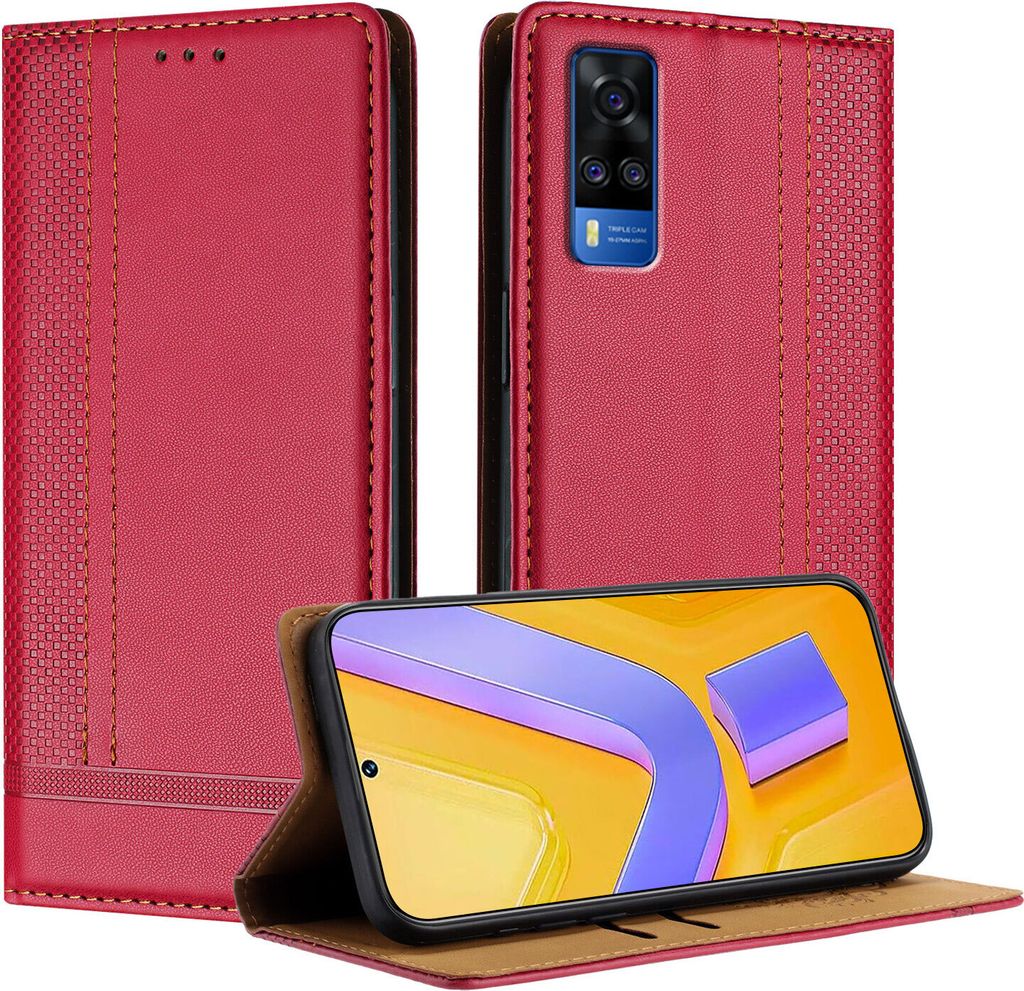 Handyhülle für Vivo Y33 Leder Flip Klappbare Schutzhülle mit Standfunktion Rot