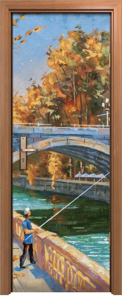 Türposter 70x200 cm Türaufkleber Türtapete Türfolie Klebefolie Wand Kunst Fischer Wasser Brücke
