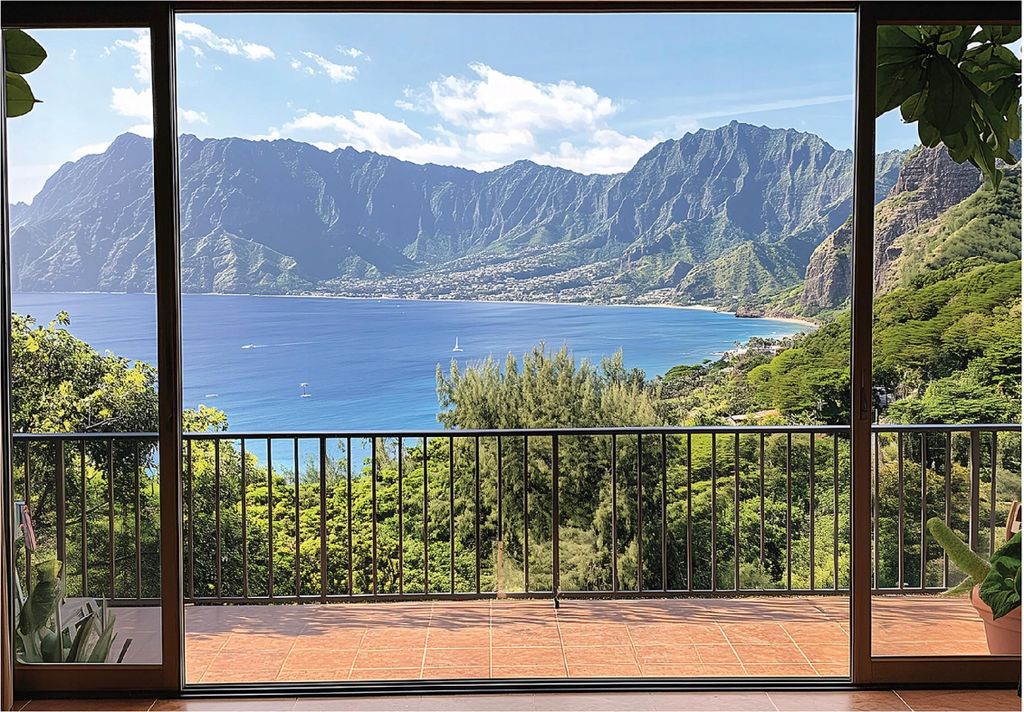 Fototapete 3D Effekt Fenster Meer Berge - 350x250 cm - inklusive kleister - Vlies Tapete - Vliestapete Wohnzimmer Schlafzimmer Küche Modern Wandta...