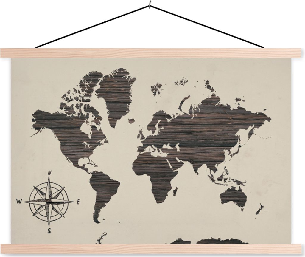 MuchoWow Textilposter Weltkarte - Holz - Kompassrose 60x40 cm mit holzfarbenen Rahmen - Bilder