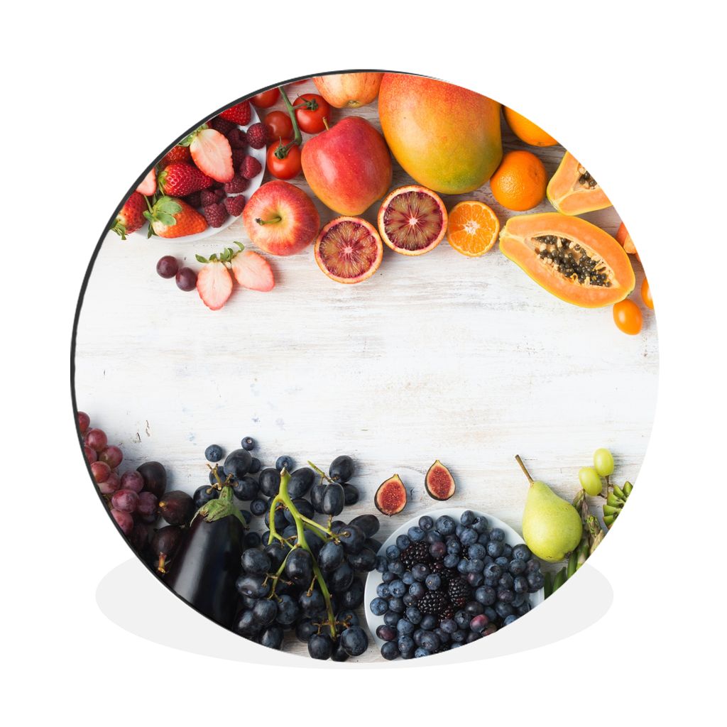 MuchoWow Aluminium Wandkreis Obst - Regenbogen - Erdbeere - Weintrauben - Papaya Ø 90 cm Wanddeko Modern Wohnzimmer - Mauerkreis - Wandbilder - ...