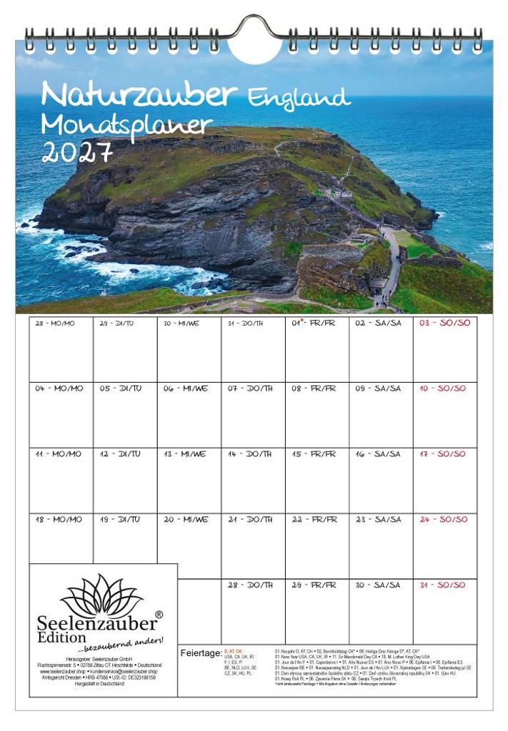 Naturzauber England Planer DIN A4 Kalender für 2027 Landschaft Natur Reise Land Urlaub - Seelenzauber