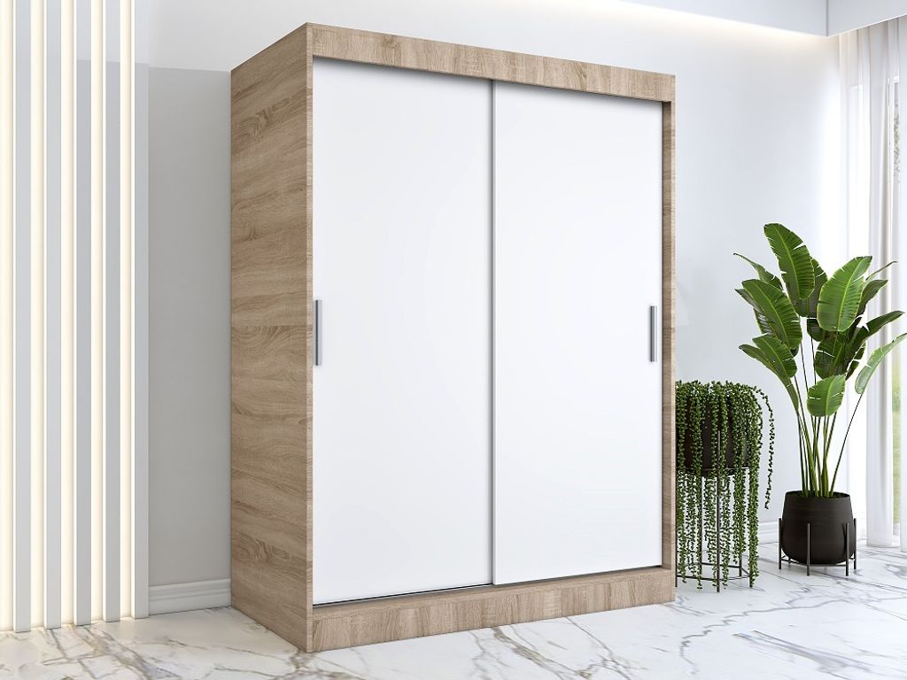 FurMeb24 Schiebetrenschrank GOLD -150x200cm 2-triger Kleiderschrank Ohne Spiegel, Schiebeschrank - (Sonoma Eiche + Weiss)