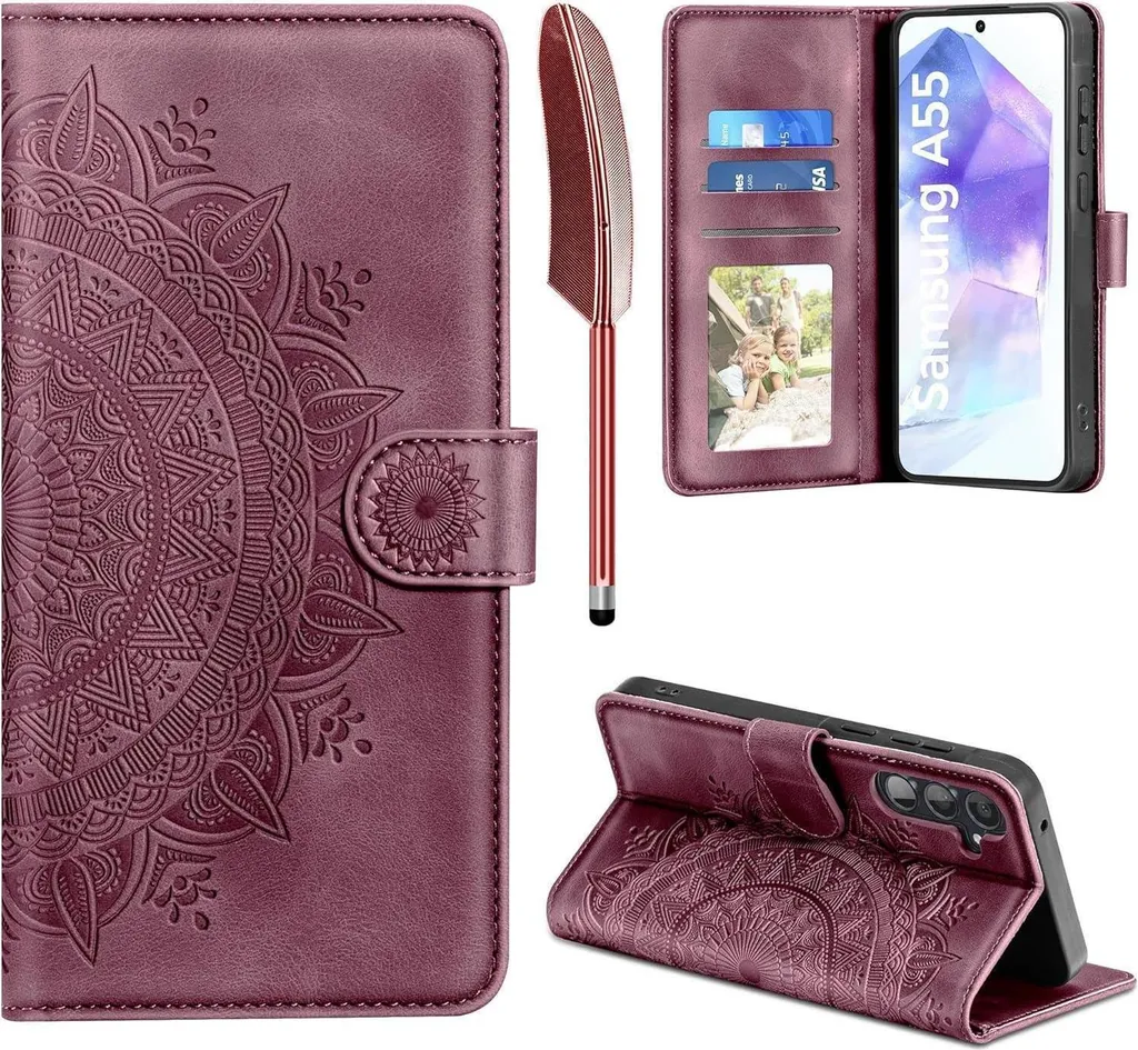 Housse Samsung Galaxy A55 5G en cuir bordeaux à rabat
