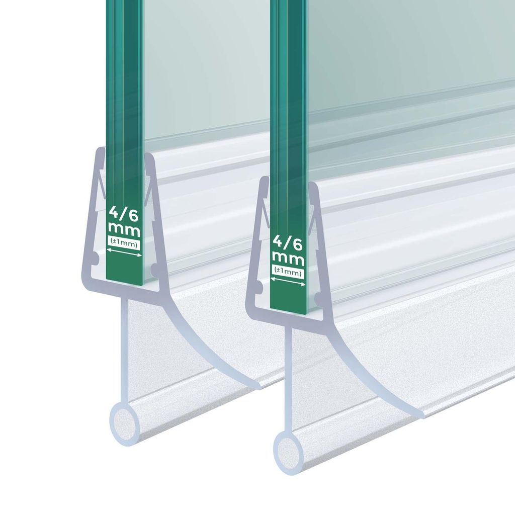 Close-up view of two shower door seals attached to glass panels.