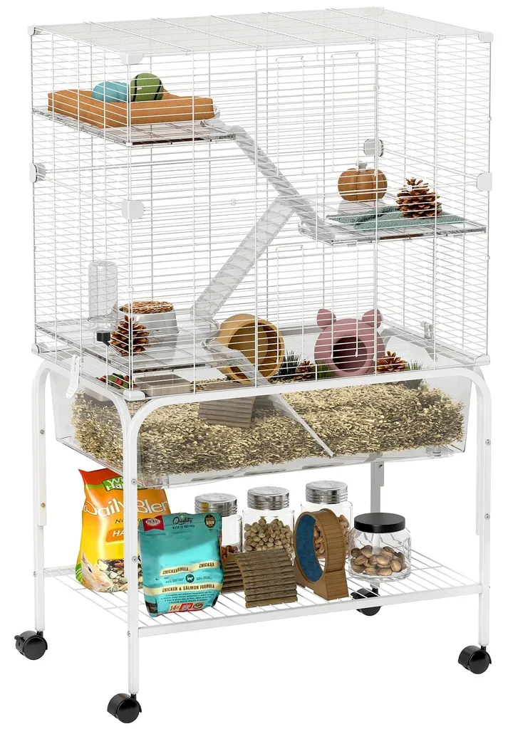Cage rongeur facile à nettoyer 4 étages - Structure métal blanc 123 cm