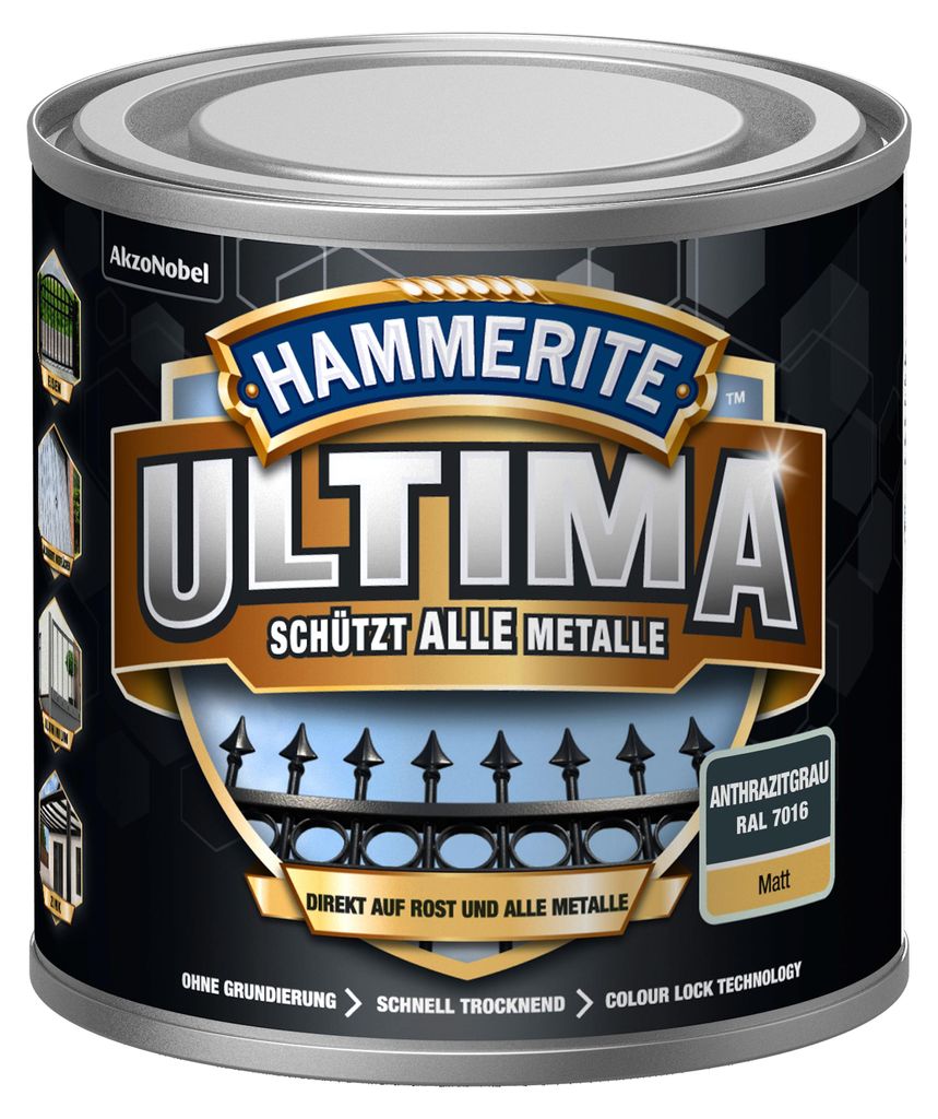 Hammerite Ultima Matt, Metallschutzlack, Hochwertiger Schutzlack für alle Metalle im Außenbereich, Anthrazitgrau RAL7016, 250 ml