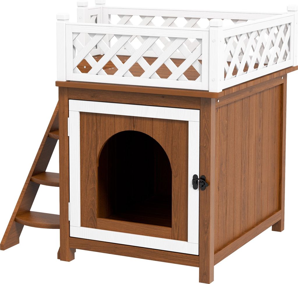 Katzenhaus, zweistöckig, mit Balkon und Treppe, für drinnen und draußen, für Katzen und Kaninchen, Tannenholz, Braun