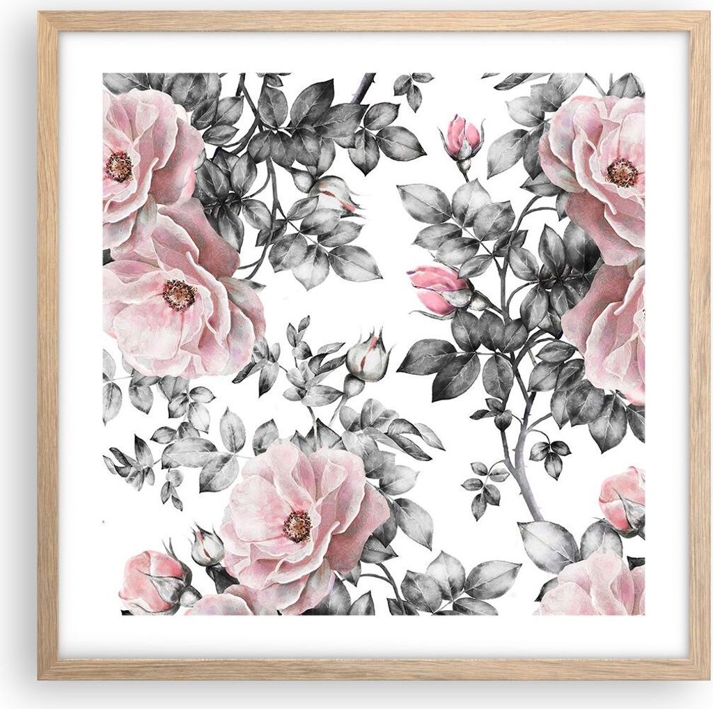 Gerahmtes Poster - Rahmen in heller Eiche - Blumen Blätter Pflanze Rose - 50x50 cm - Wand Bild - Wanddeko - Wandbilder - Wandposter - Bilderrahmen...