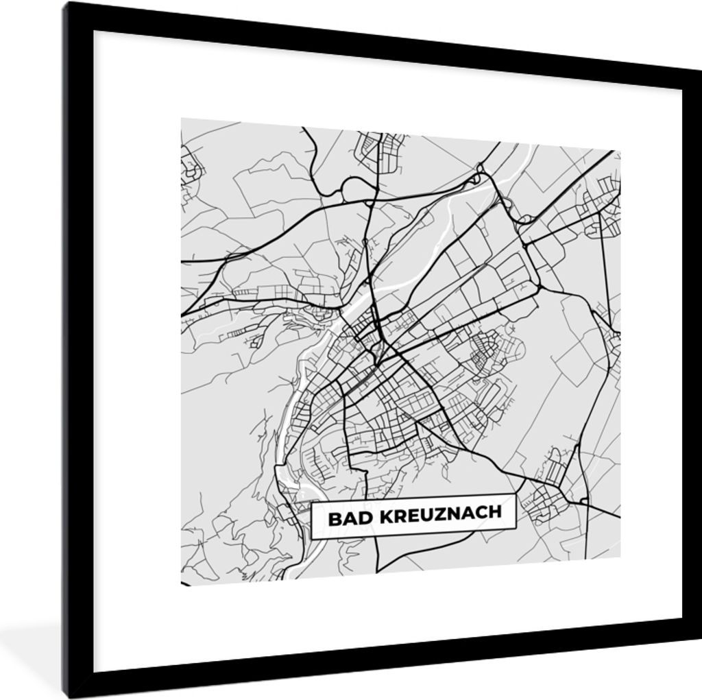 MuchoWow Gerahmtes Poster Stadtplan - Bad Kreuznach - Karte - Deutschland - Wegbeschreibung 40x40 cm - Poster mit Schwarzem Bilderrahmen Wandpost...