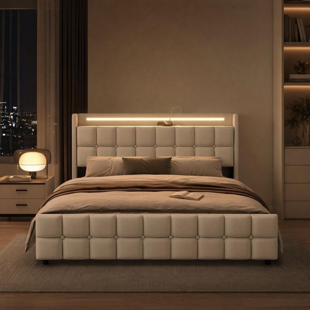 ProximaX Polsterbett 140x200 cm Beige mit RGB-LED, USB & 4 Produktbild 
