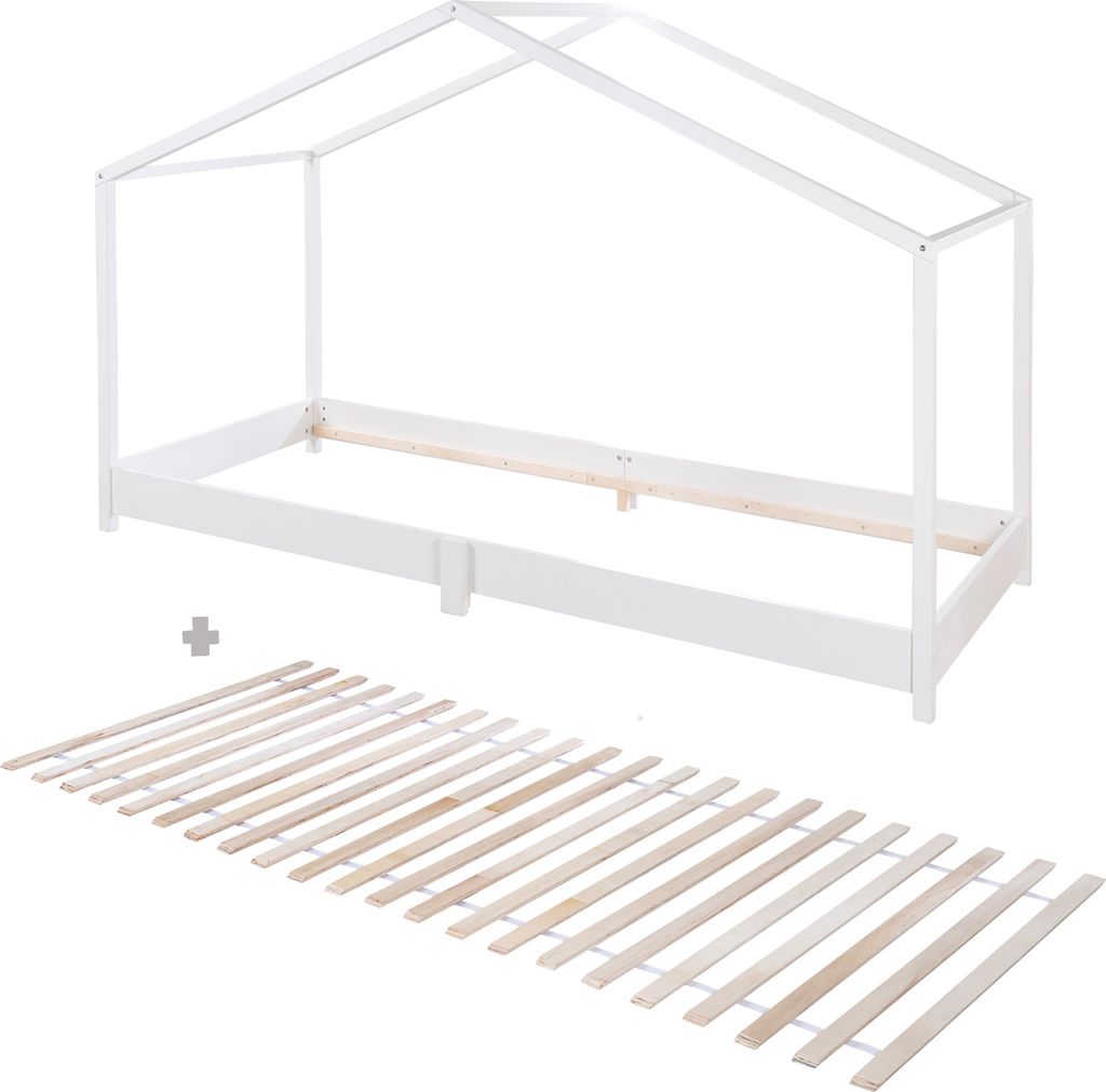 roba Hausbett 90 x 200 cm mit Lattenrost - Bodentiefes Kinderbett nach Montessori Prinzip - Erweiterbar mit Hausbettbezug - Holz weiß lackiert