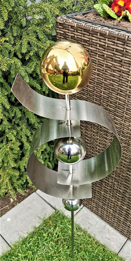Skulptur Jupiter gold poliert Kugel Edelstahl 100 cm Beetstecker Gartenstecker Rosenkugel