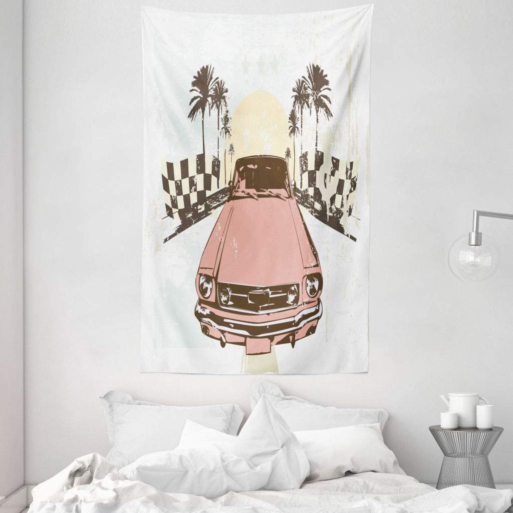 ABAKUHAUS Grunge Wandteppich und Tagesdecke, Retro Auto Sport Palms aus Weiches Mikrofaser Stoff Waschbar ohne Verblassen Digitaldruck, 140 x 230 c...