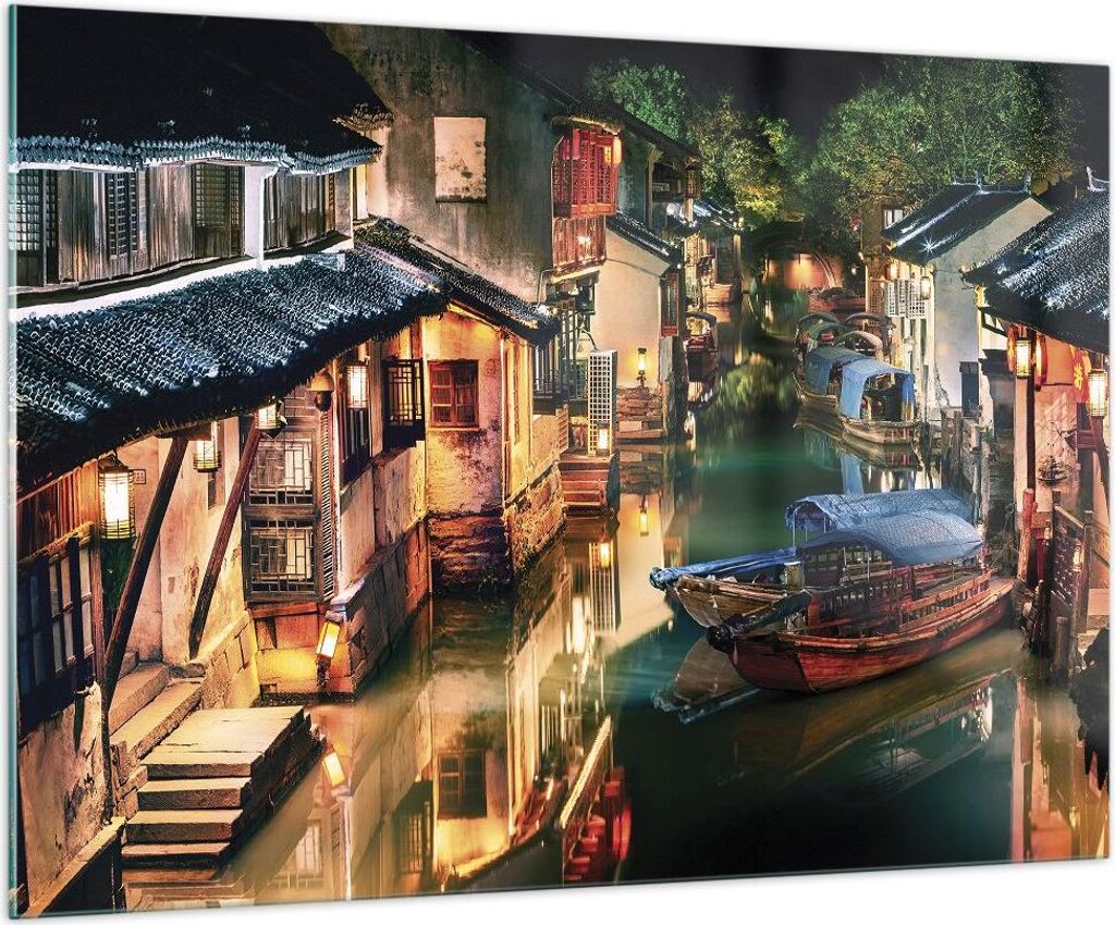 Bilder auf glas - Einteilig - Chinesisch Stadt Nacht - 100x70cm - Glasbilder - Wandbilder - Bilder - zum Aufhängen bereit - Wanddekoration aus Gla...