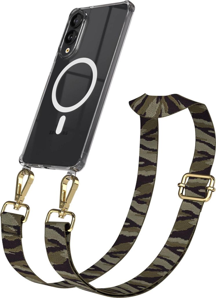 EAZY CASE - Handykette mit MagSafe Hülle für Samsung Galaxy S25 Edge, Handyband Camouflage Style, Karabiner Gold, Umhängeband in Grün
