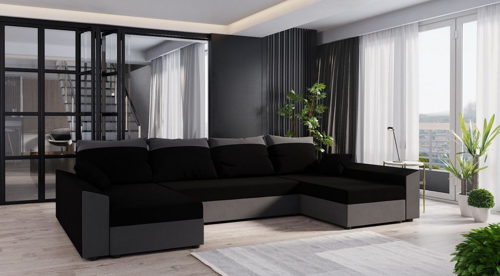 A modern living room with a large U-shaped sofa.