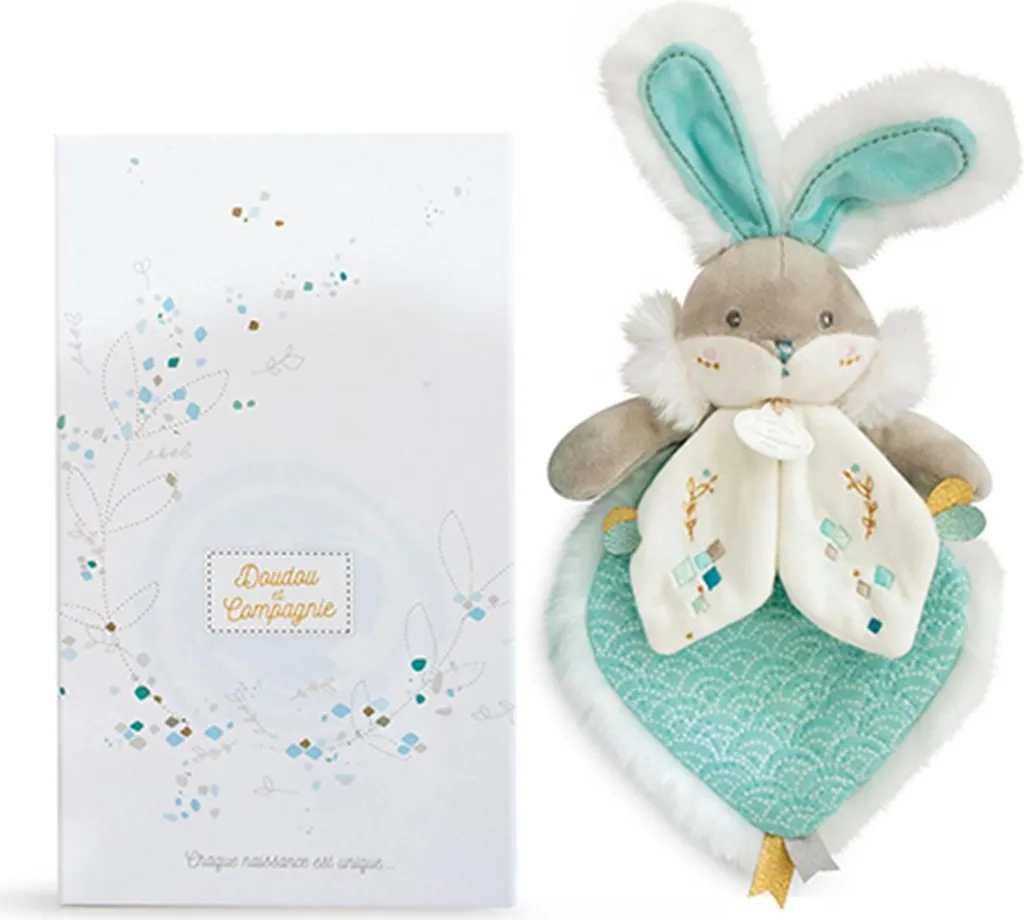 Doudou lapin turquoise 24 cm, le cadeau de naissance idéal en coffret