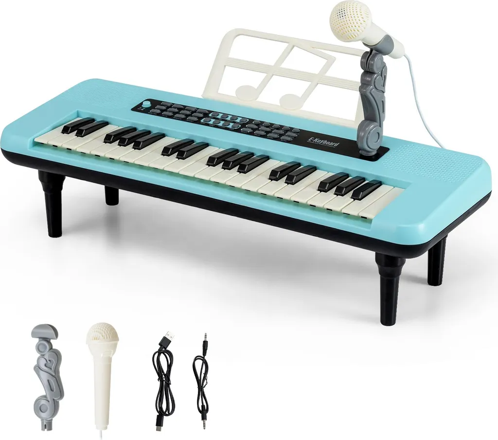 Clavier Enfant Portable 37 Touches Bleu avec Micro et Fonctions de Jeu