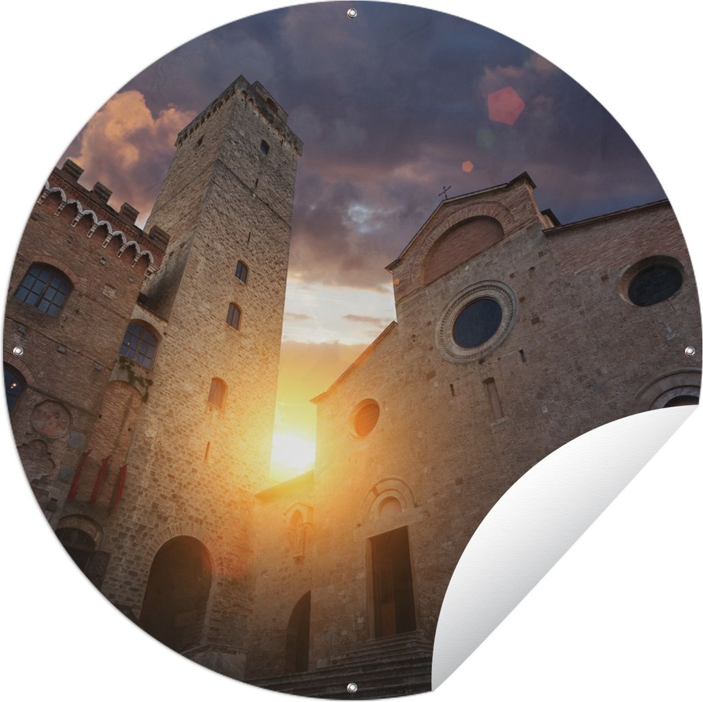 MuchoWow Gartenposter Outdoor-Poster Rund Der Große Turm der Stadt San Gimignano in Italien Ø 90 cm Gartendeko Rundes Poster draußen