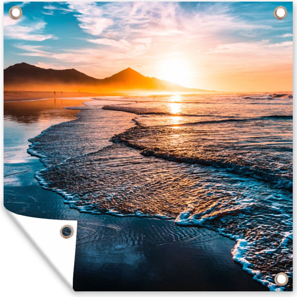 MuchoWow 50x50 cm Outdoor-Poster Gartendeko Sichtschutz Garten Poster für den Garten Sonnenuntergang - Meer - Berg - Horizont - Landschaft - Blau