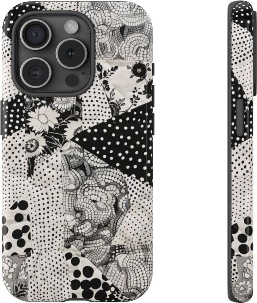 Schwarz-weißes Patchwork mit Blumen- und Punktmuster – Hülle Kompatibel mit iPhone 15 Pro