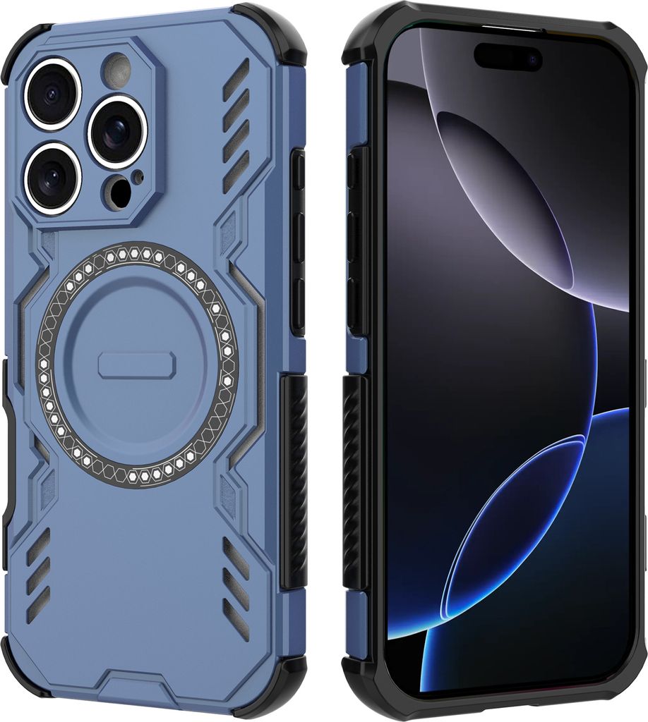 Magnetisch Hülle für iPhone 16 Pro, Hybrid PC TPU Bumper Stoßfestes Loch Wärmeableitung Handyhülle Blau