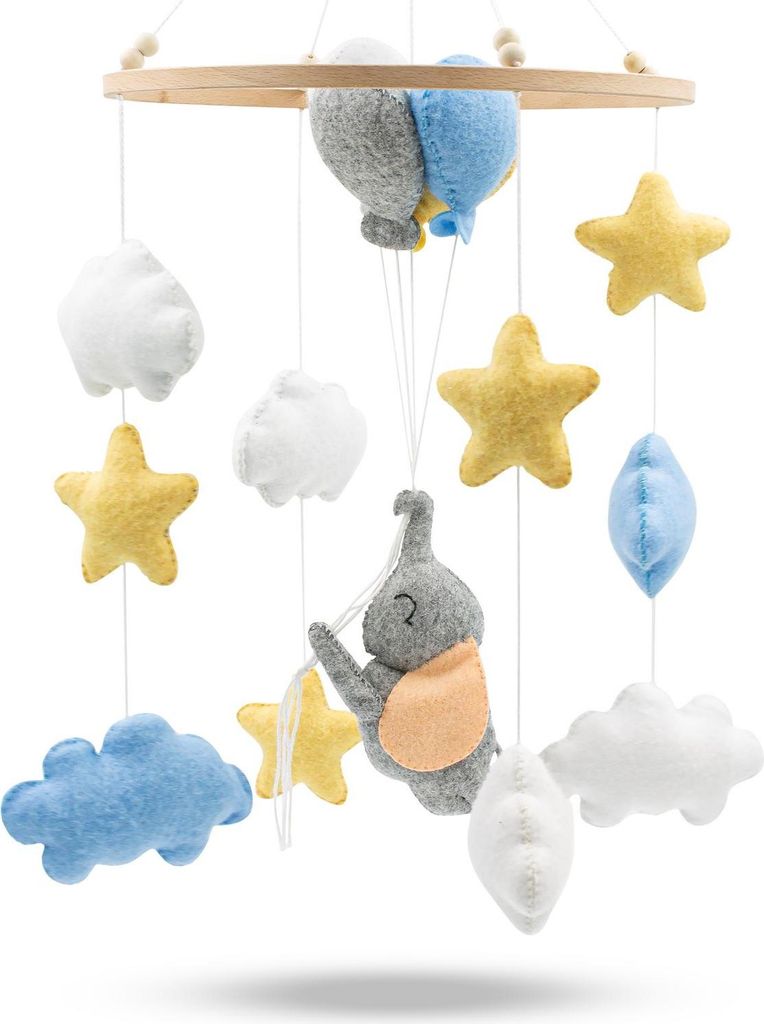 BABYKAJO Baby Mobile aus Holz – 4 Designs (Bär, Pinguin, Fuchs, Elefant) – handgenäht, beruhigend, für Babybett – ohne Halterung