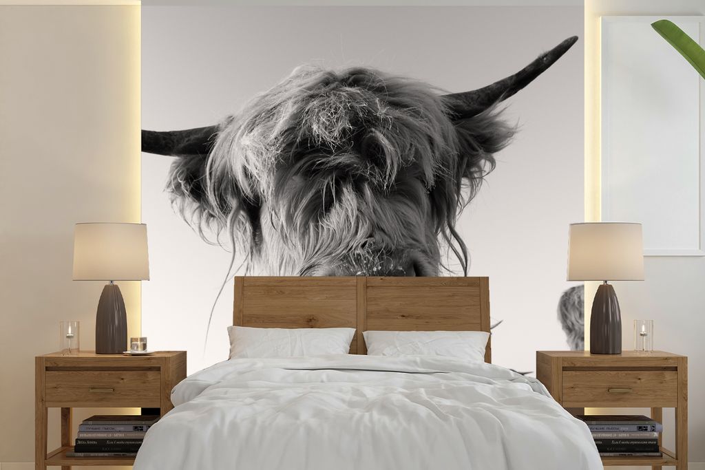 MuchoWow Fototapete für Wohnzimmer oder Schlafzimmer Wandtapete Vinyl Motivtapete Schottischer Highlander - Schwarz - Weiß - Tiere - 350x350 cm...