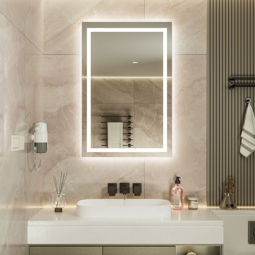 Badezimmerspiegel Touch 90 x 60cm LED 3 Lichtfarben dimmbar Produktbild 