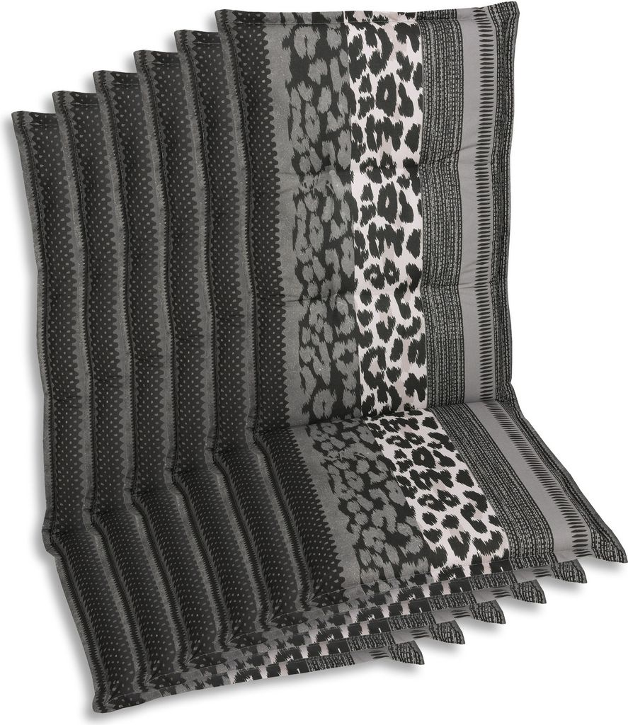 A stack of chair cushions with a leopard print pattern.