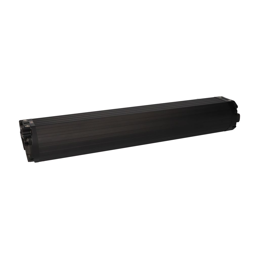 A black e-bike battery pack is shown against a white background.