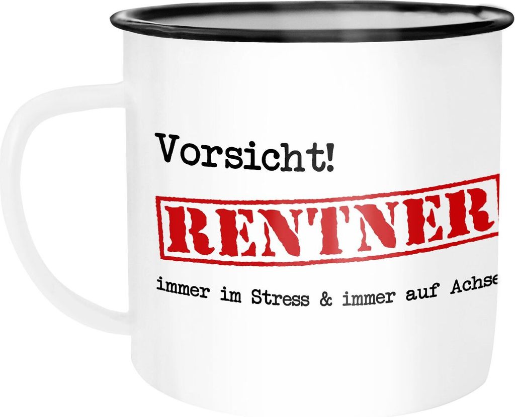 Emaille Tasse Becher Vorsicht Rentner Immer im Stress und immer auf Achse Geschenk Rentner Ruhestand Kaffeetasse Moonworks weiß-schwarz unisize