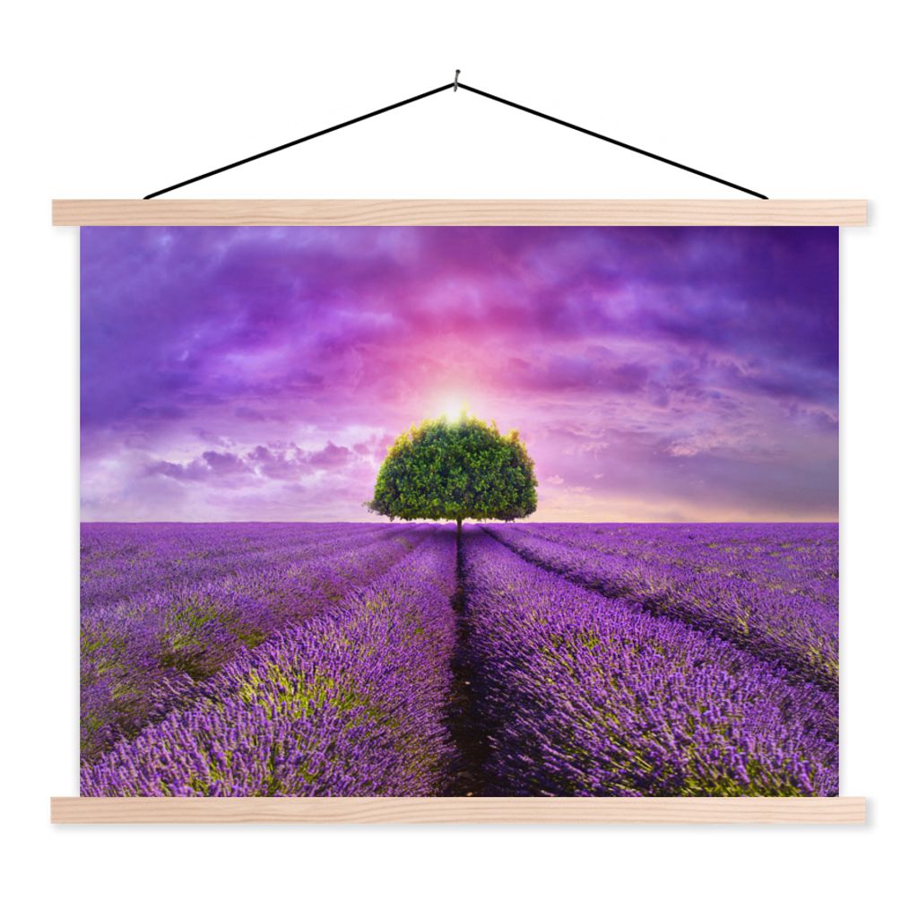 MuchoWow Textilposter Lavendel - Baum - Lila - Wolken 120x90 cm mit holzfarbenen Rahmen - Magnetisch