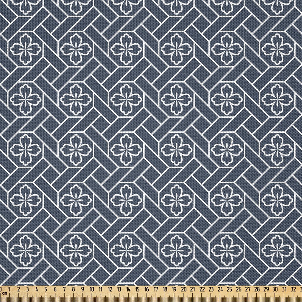 ABAKUHAUS japanisch Satin Stoff als Meterware, Frühlings-Blumen-Motive östliches geometrisches aufwändiges Muster, 10 M (148 x 1000 cm), Anthraz...