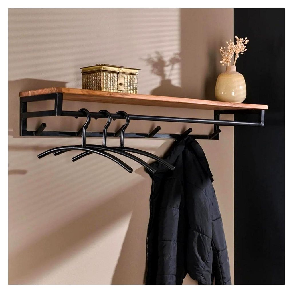 Wandgarderobe im RINGO-Stil mit 6 Haken und Ablage, rustikales Holz und Metall, industrielles Flurregal