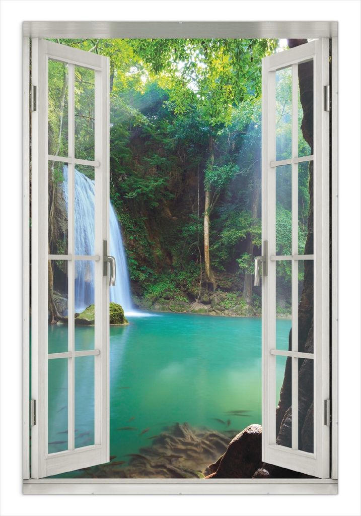 Wallario Wandbild mit Fenster-Illusion: Wasserfall im Wald am See Idylle in Thailand, Größe: 61 x 91,5 cm, Poster mit rahmenlosen Bildhalter