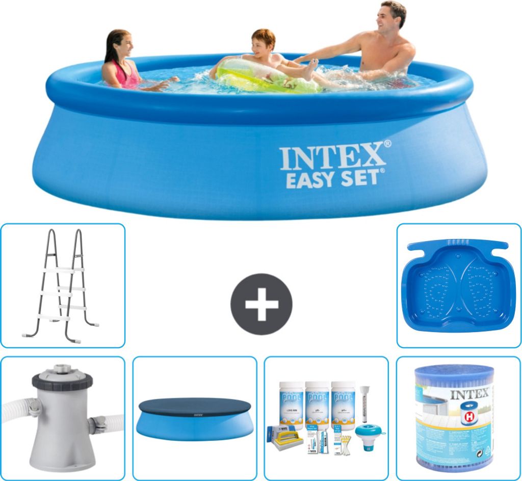 Intex runder aufblasbarer Easy Set-Schwimmpool – 305 x 76 cm – Blau – inklusive Pumpe Abdeckung - Wartungspaket - Filter - Leiter - Fußbad