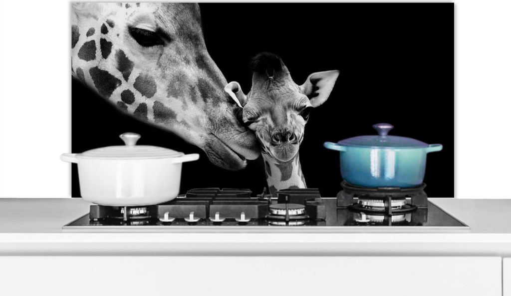 KitchenYeah Spritzschutz Küche - Küchenrückwand - Wandschutz für Herd und Spüle - Tiere - Schwarz - Weiß - Giraffe - Porträt 100x50 - Alu-...